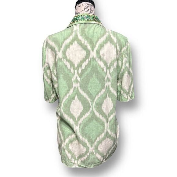 ZARA XS Green Cream Abstract Artsy Print Blouse Beaded Collar Boho Festival Y2K - Picture 4 of 11